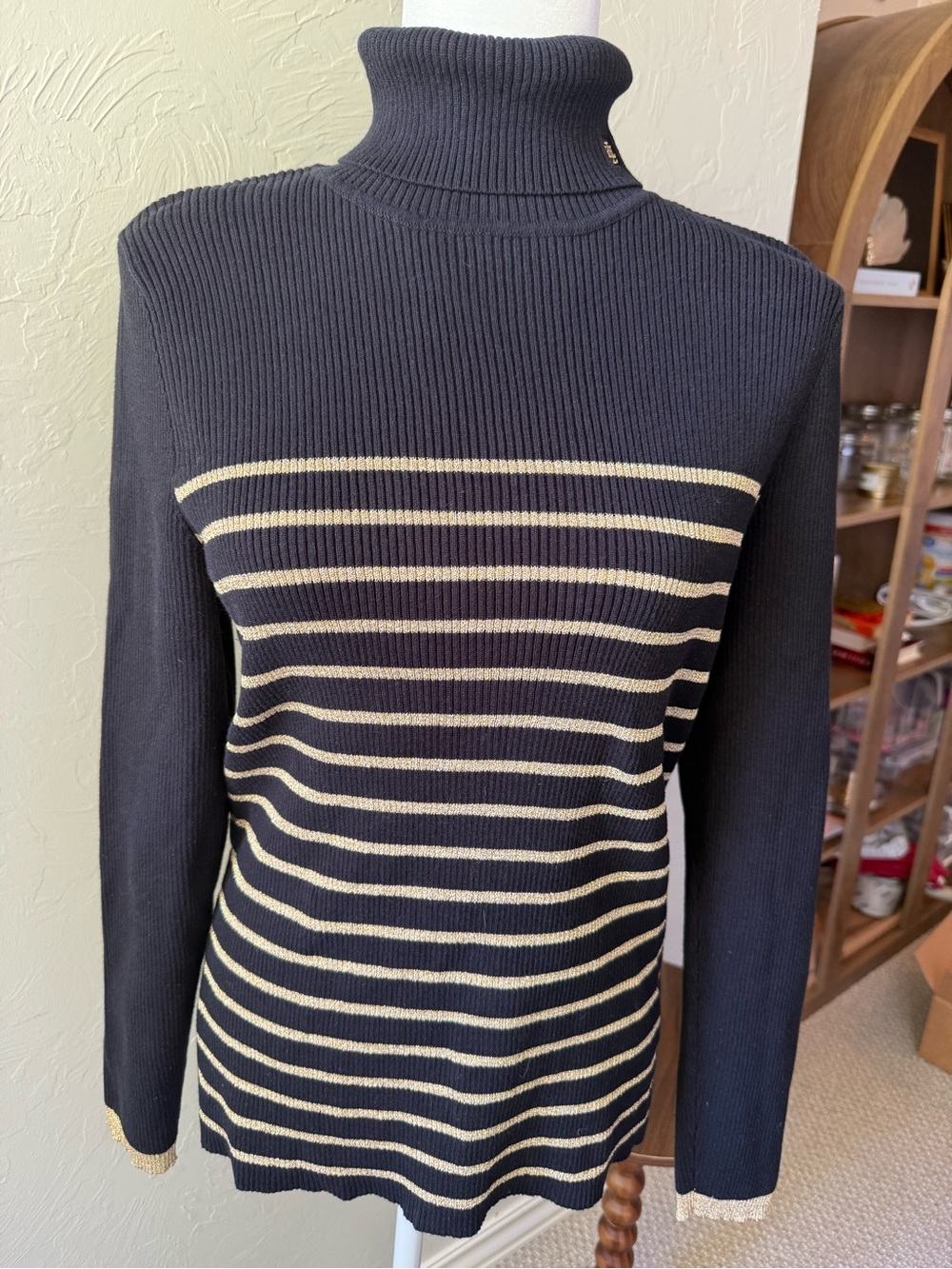 Lauren Ralph Lauren Black Gold Stripe Turtleneck Sweater XL Holiday Luxe